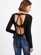 Romwe Bow Tie Open Back Ribbed Knit Tee