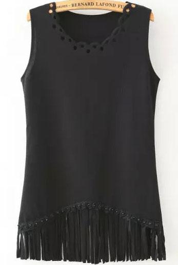 Romwe With Tassel Hollow Black Dress
