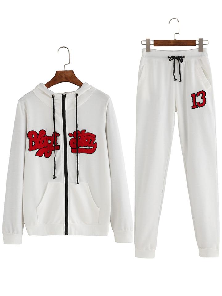 Romwe Hooded Letter Embroidered Drawstring Zipper Top With Elastic Waist Pant