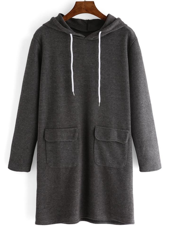 Romwe Hooded Drawstring Sweatshirt Dress With Pockets