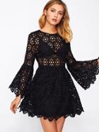 Romwe Trumpet Sleeve Hollow Out Guipure Lace Dress