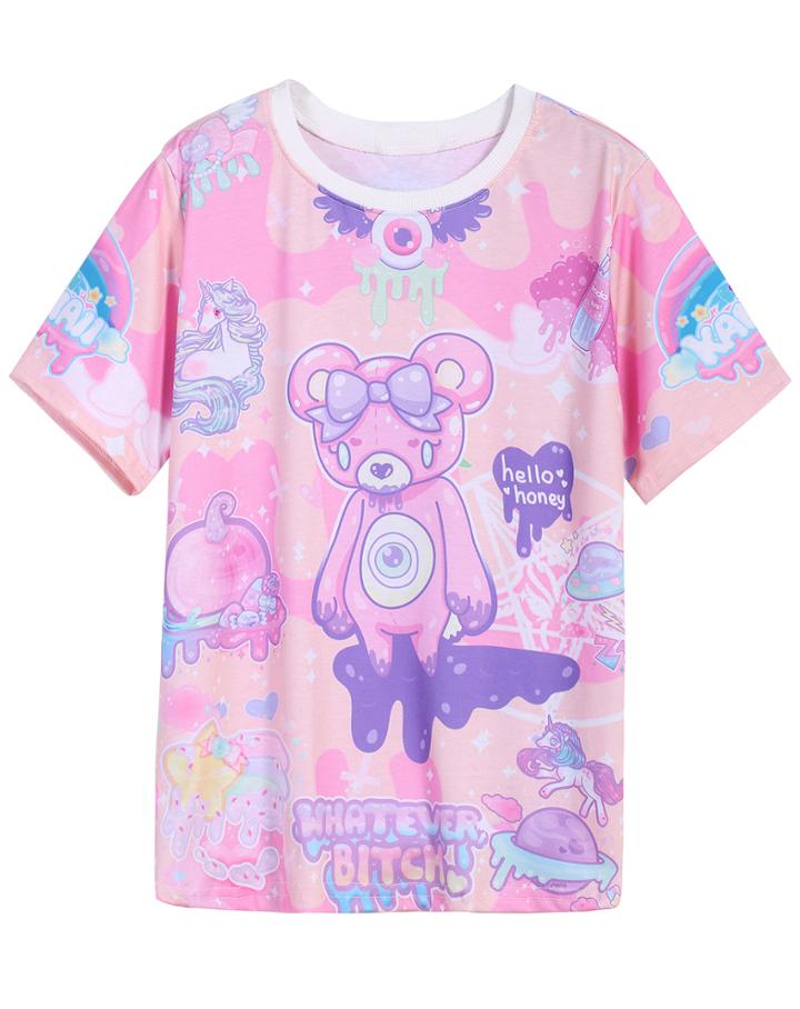 Romwe Pink Short Sleeve Bear Print T-shirt