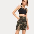 Romwe Camo Print Ripped Denim Shorts