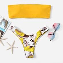 Romwe Bandeau Top With High Cut Leaf Print Bikini Set