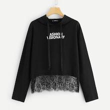 Romwe Eyelash Lace Hem Letter Hoodie
