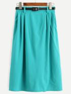 Romwe Turquoise Midi Pleated Skirt With Zipper