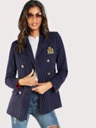 Romwe Patch Detail Golden Button Pinstripe Blazer