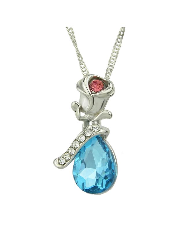 Romwe Blue Shining Rhinestone Flower Long Pendant Necklace