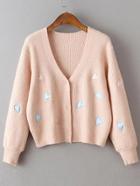 Romwe Pink Heart Embroidery Hidden Button Ribbed Sweater Coat