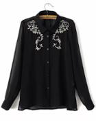 Romwe Embroidered Sequined Black Blouse