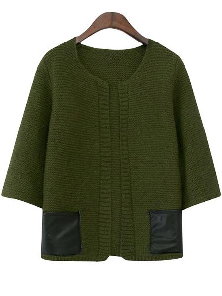 Romwe Open Front Patch Pockets Green Coat