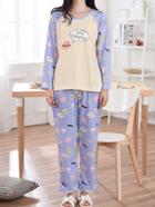 Romwe Cartoon Print Raglan Tee & Pants Pj Set