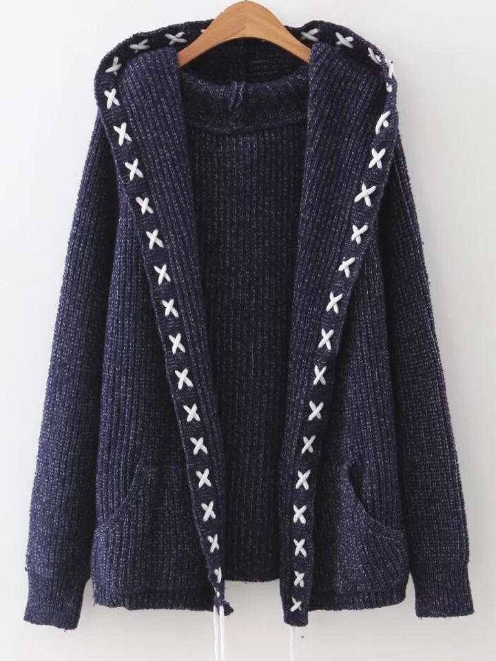 Romwe Navy Lace Up Trim Hooded Cardigan With Pockets