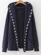 Romwe Navy Lace Up Trim Hooded Cardigan With Pockets