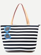 Romwe Navy Faux Leather Stripes Tote Bag