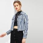 Romwe Button & Pocket Front Collar Neck Striped Coat