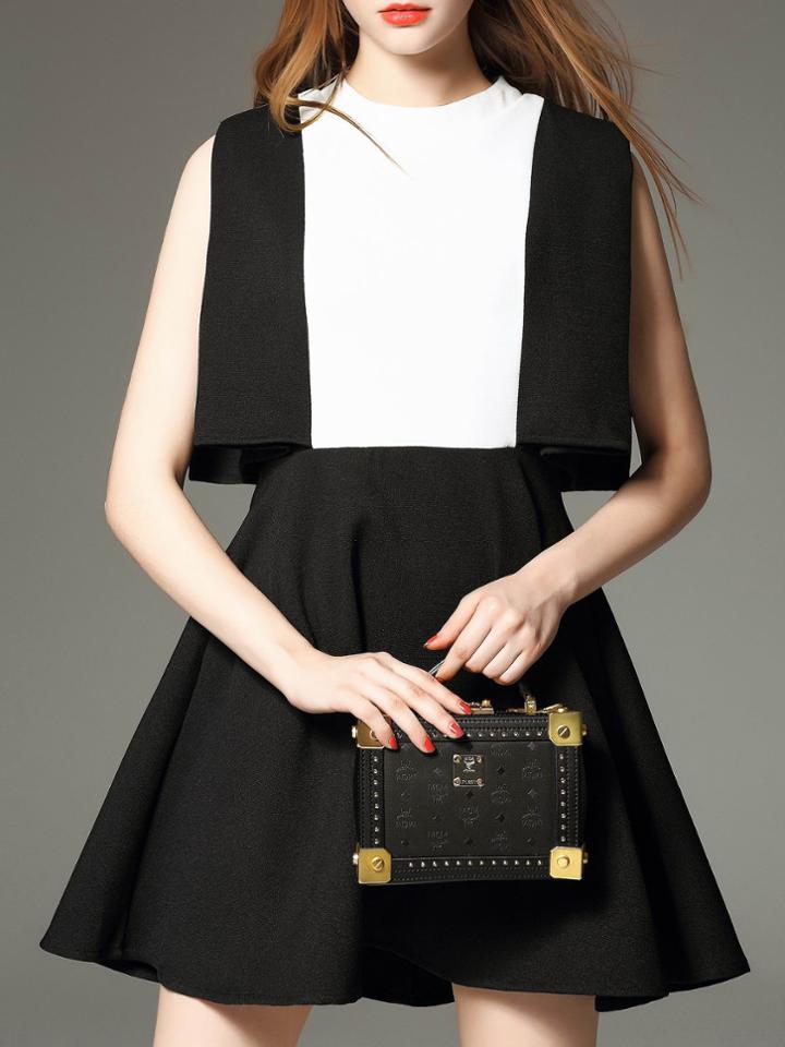 Romwe White Black Color Block Cropped A-line Dress