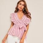 Romwe Ruffle Armhole Surplice Neck Belted Striped Top