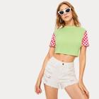 Romwe Contrast Check Cuff Crop Tee