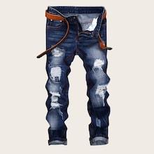 Romwe Guys Ripped Embroidery Skinny Jeans