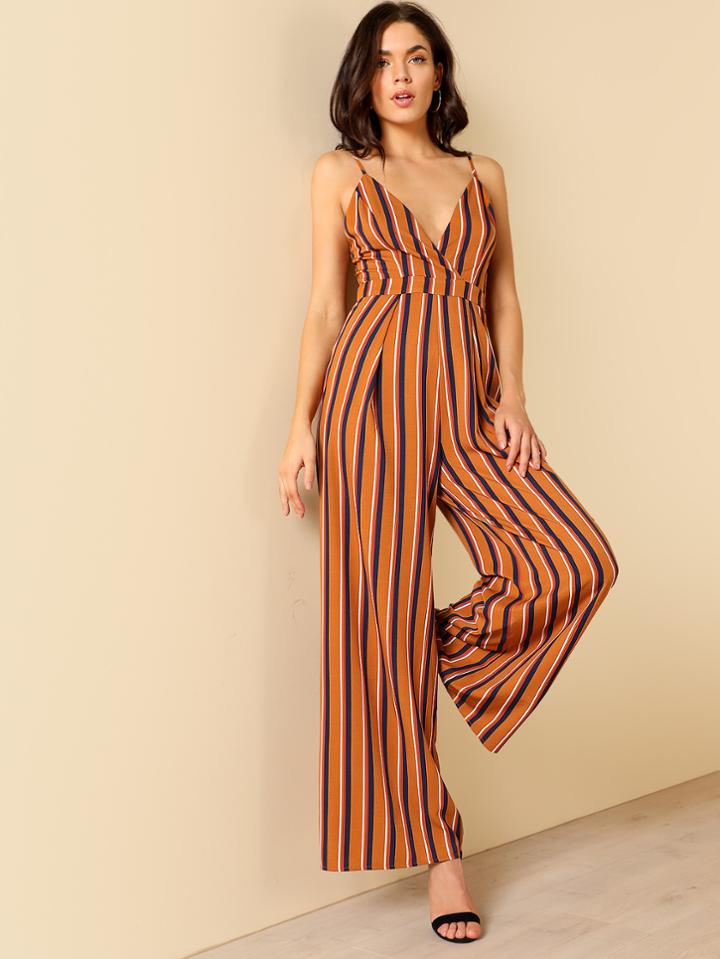 Romwe Deep V Neck Wide Leg Jumpsuit