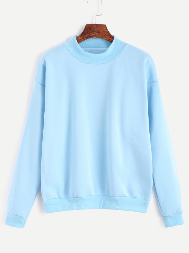 Romwe Light Blue Mock Neck Drop Shoulder Sweatshirt