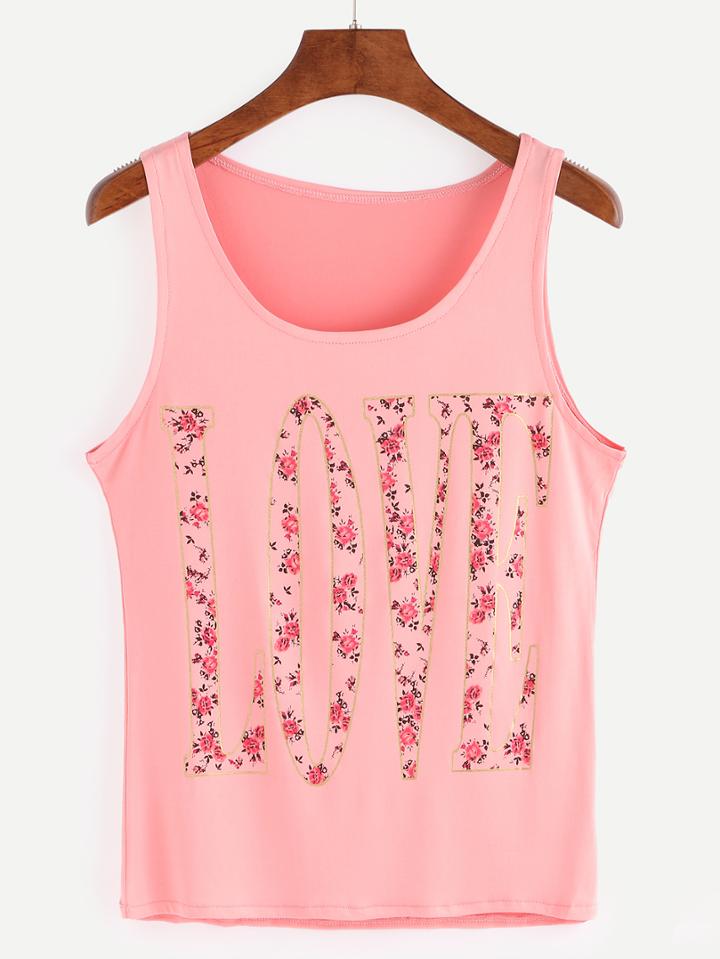 Romwe Pink Letter Print Tank Top