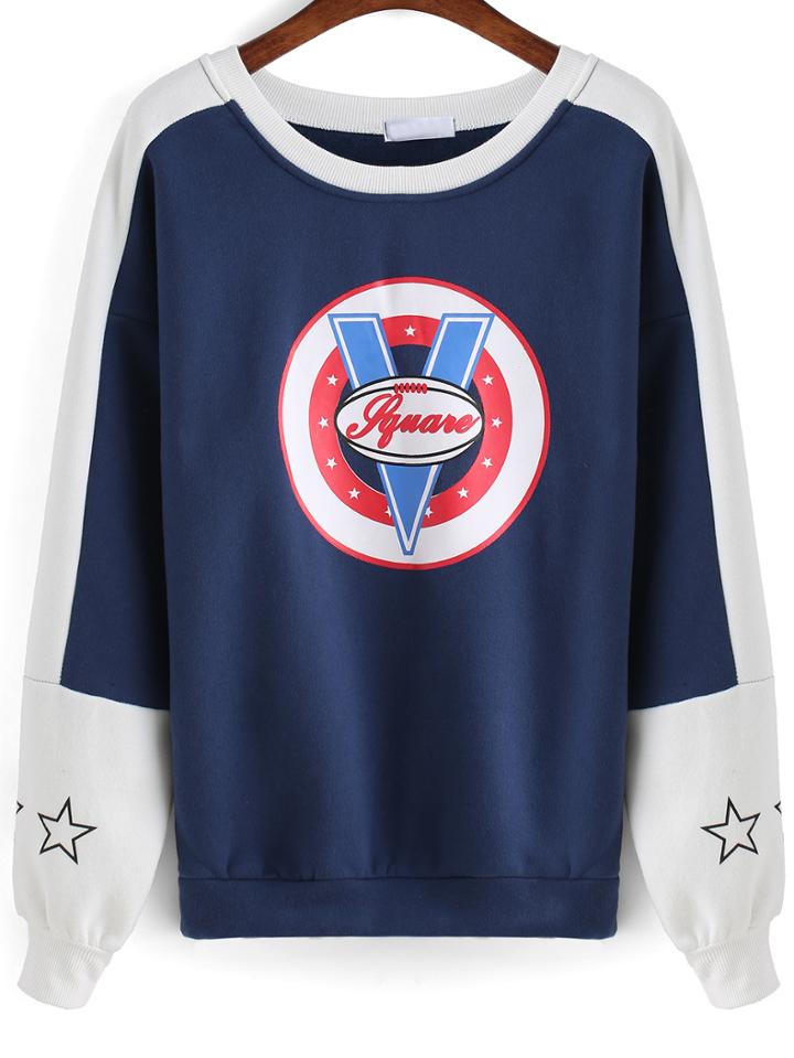 Romwe Colour-block Football Stars Print Sweatshirt