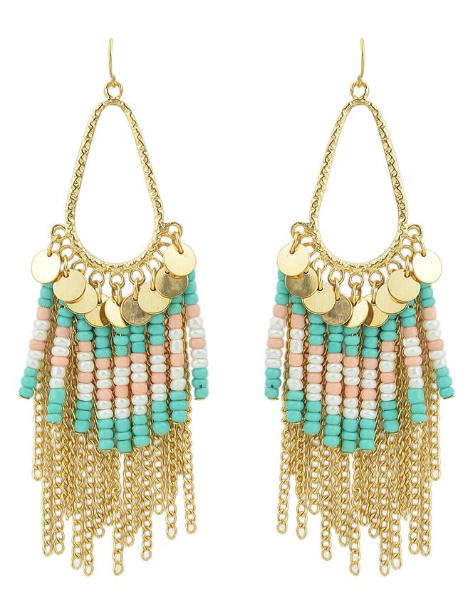 Romwe Gold Plated Tassel Green Small Beads Earrings