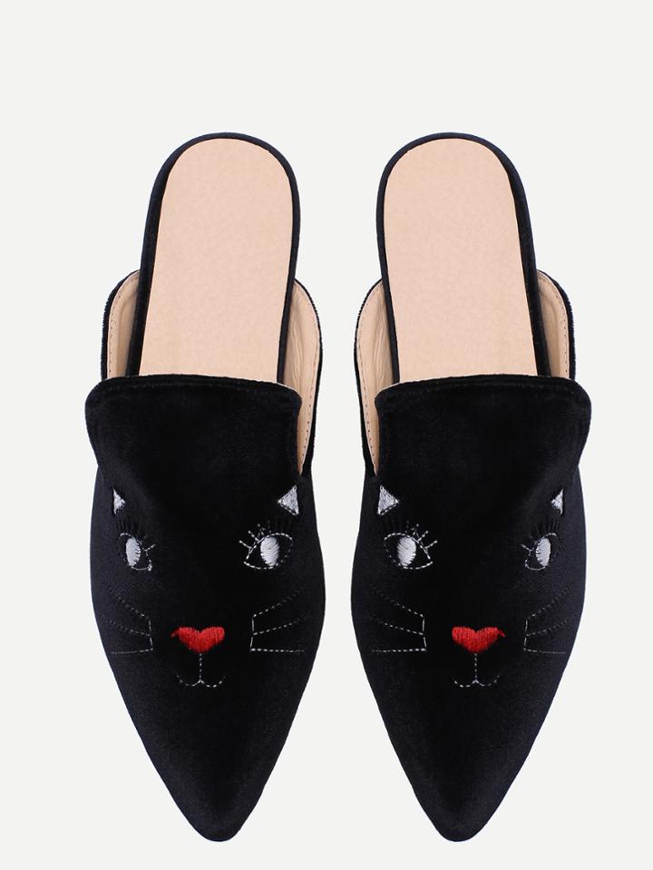 Romwe Black Cat Embroidery Point Toe Velvet Slippers