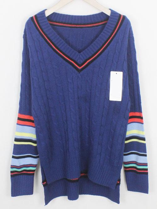 Romwe V Neck Striped Slit Sweater