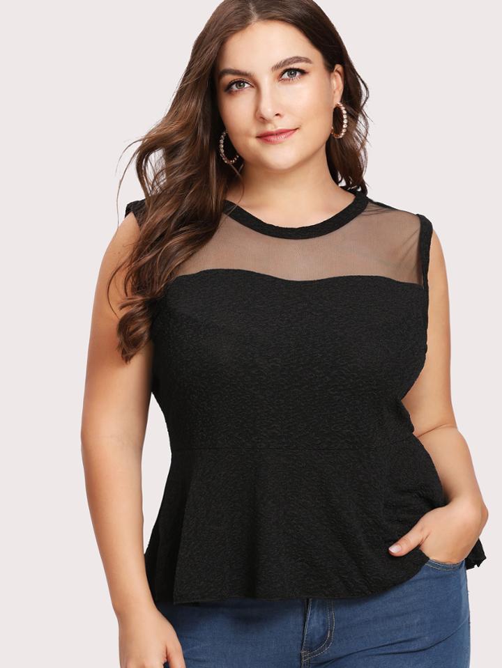 Romwe Mesh Insert Jacquard Pep Hem Top