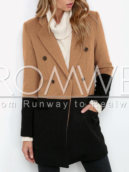 Romwe Black Long Sleeve Lapel Color Block Coat