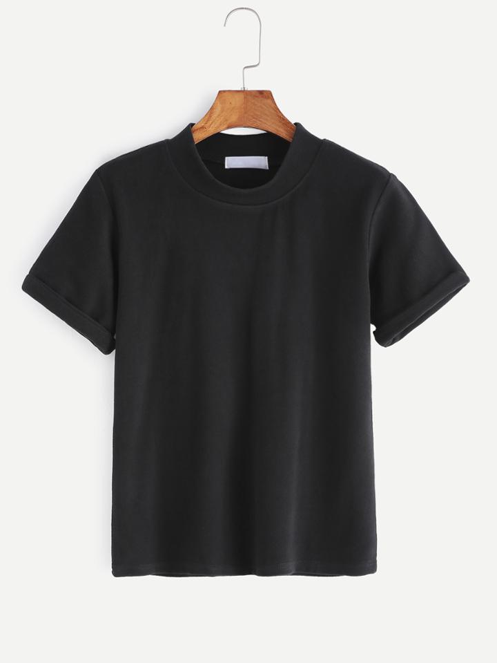 Romwe Black Rolled Sleeve Casual T-shirt