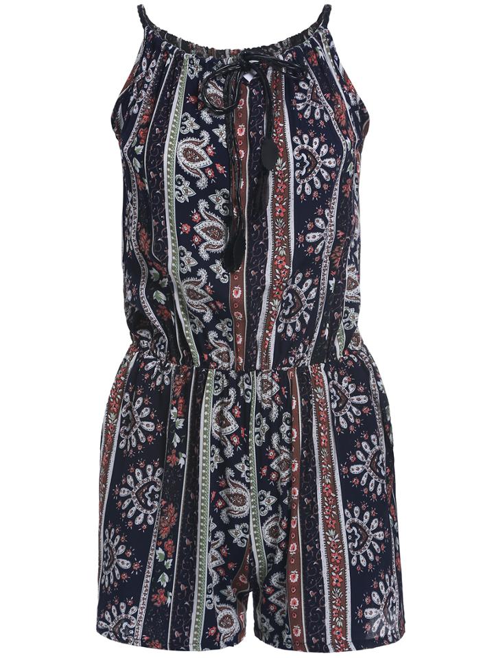 Romwe Spaghetti Strap Paisley Print Romper