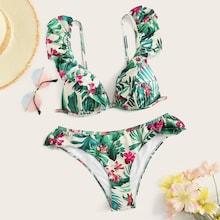 Romwe Random Tropical Ruffle Top With Cheeky Bikini