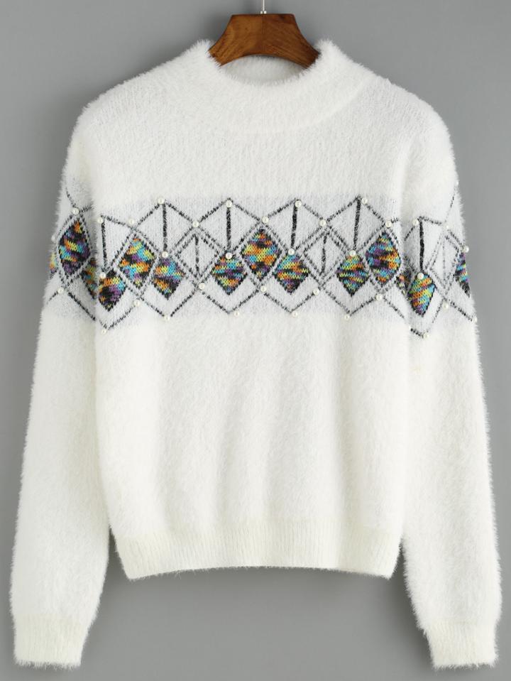 Romwe Geometric Pattern Bead White Sweater