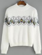 Romwe Geometric Pattern Bead White Sweater