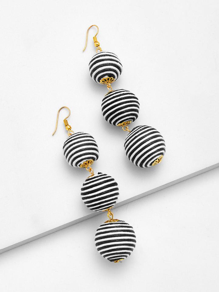 Romwe Striped Pom Pom Drop Earrings