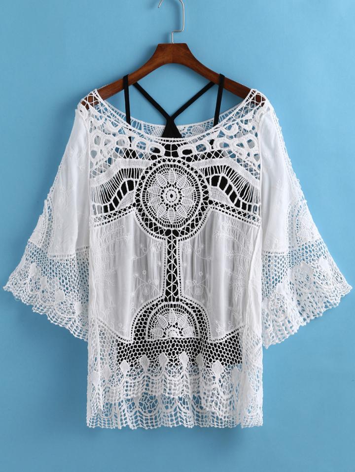 Romwe Half Sleeve Floral Crochet Hollow Top