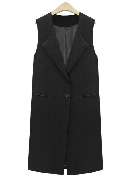Romwe Lapel Single Button Pockets Long Black Vest