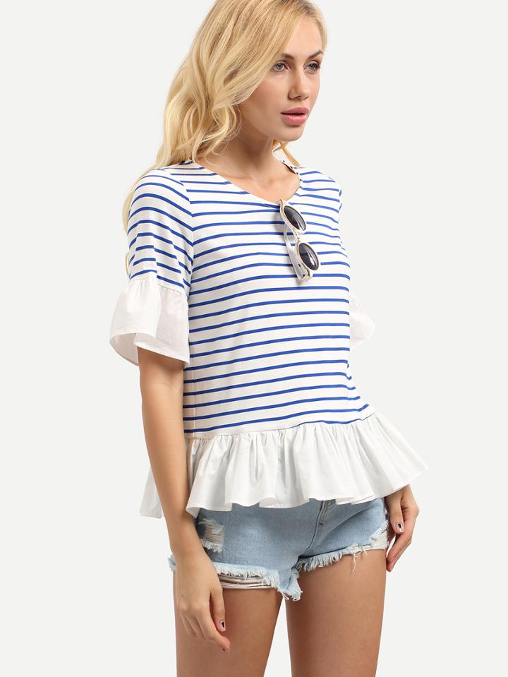 Romwe Multicolor Striped Bell Sleeve Ruffle Blouse