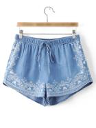 Romwe Blue Printed Elastic Waist Vintage Shorts