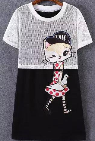 Romwe Short Sleeve Cat Patch Black Dress
