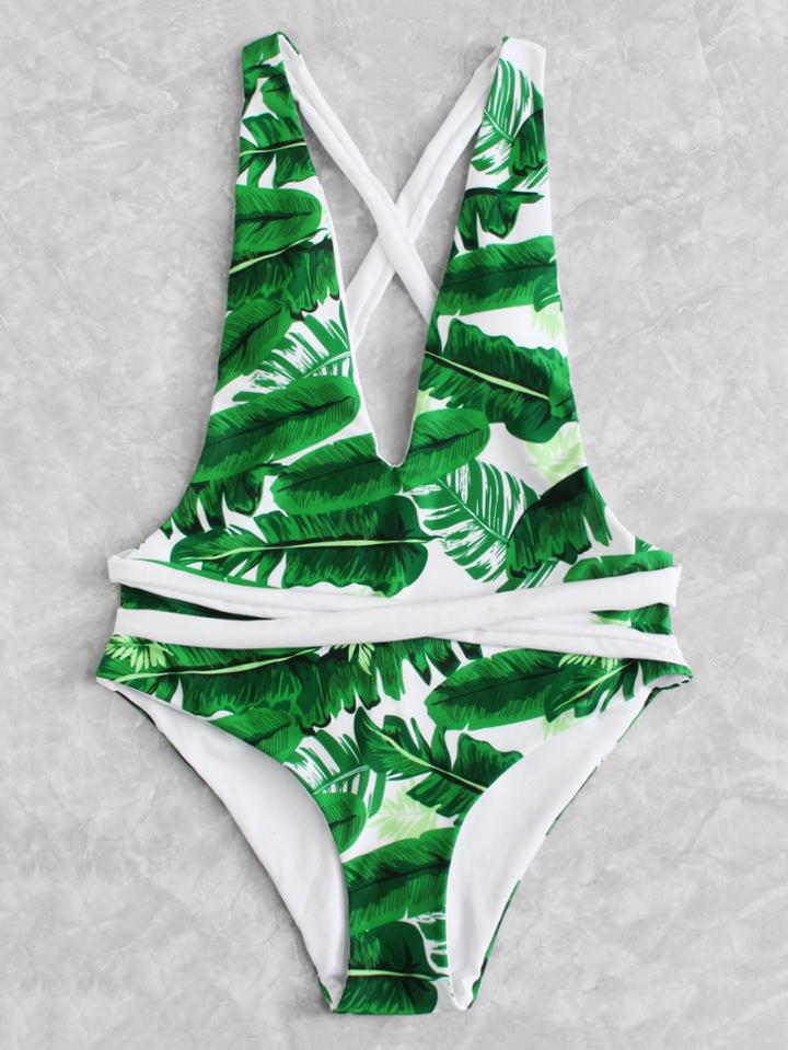 Romwe Palm Print Cross Back Swimsuit
