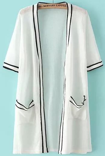 Romwe Contrast Edge With Pockets Long White Cardigan