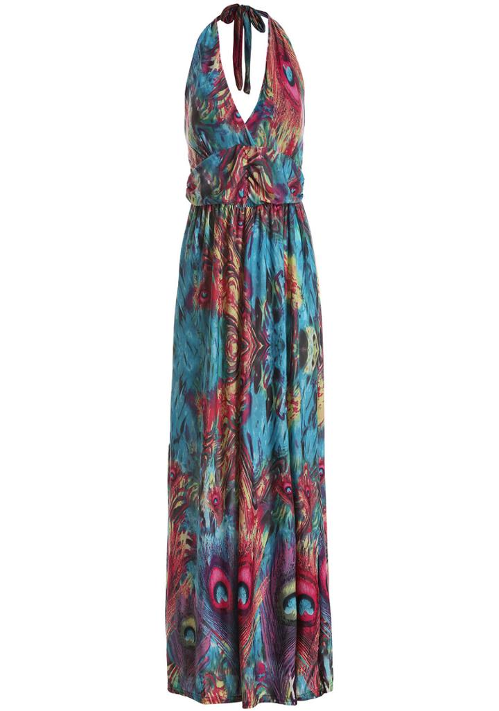 Romwe Halter Backless Florals Maxi Dress