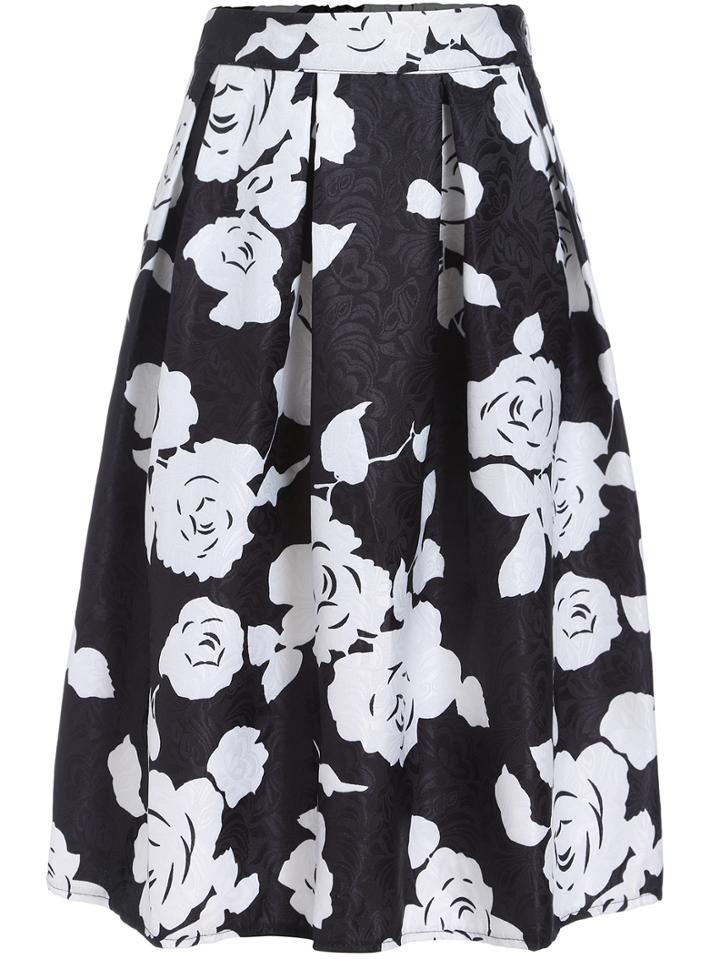 Romwe Rose Print Midi Skirt