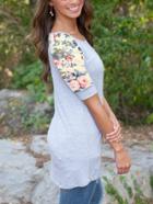 Romwe Elbow Sleeve Beige Florals Long T-shirt