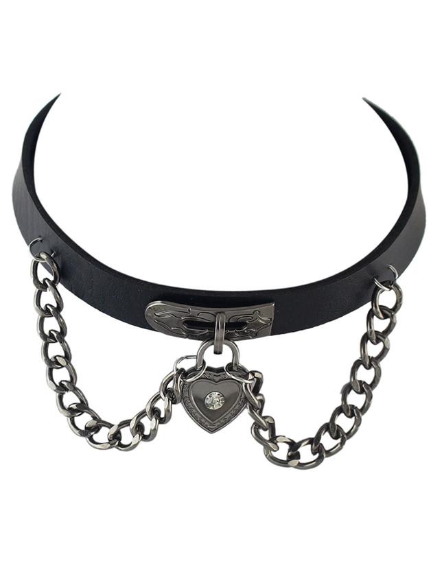 Romwe Black Gothic Ajustable Pu Leather Choker Collar Necklace With Heart Pendant